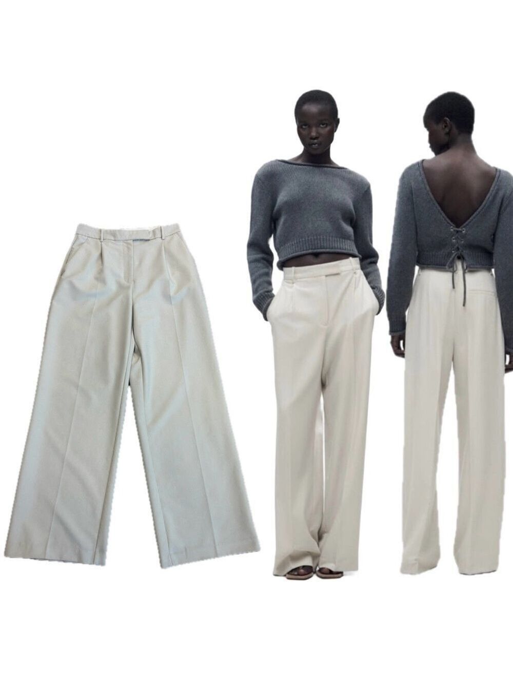 Zara light gray high waisted pleated wide leg trouser dress pants Sz M